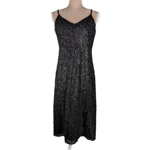 Hatch Maternity Black Shimmer Fringed Midi Party Slip Dress Size 1 US Small - Picture 2 of 10